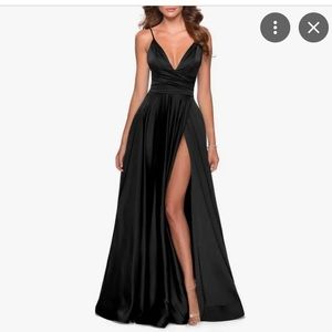 La Femme Black Sleeveless Plunge Neck A-Line Gown Dress